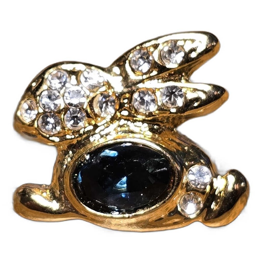Vintage Gold Tone Bunny Rabbit Black Stone Rhinestone Hat Vest Lapel Pin D6